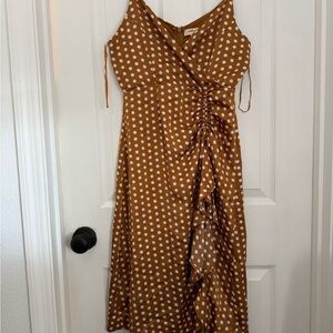 Polka Dot Ruched Midi Dress in Brown